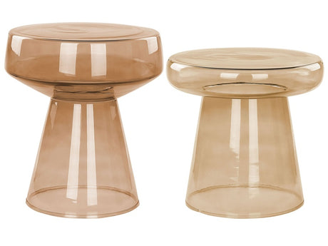 Set of 2 Side End Tables Transparent Golden Brown Glass 37 x 37 x 43 / 39 x 39 x 40 cm Coffee Console Oval Designer Shape Living Room Modern Beliani