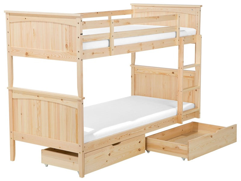 Double Bank Bed with Storage Drawers  Light Wood Pine Wood EU Single Size 3ft High Sleeper Children Kids Bedroom Beliani