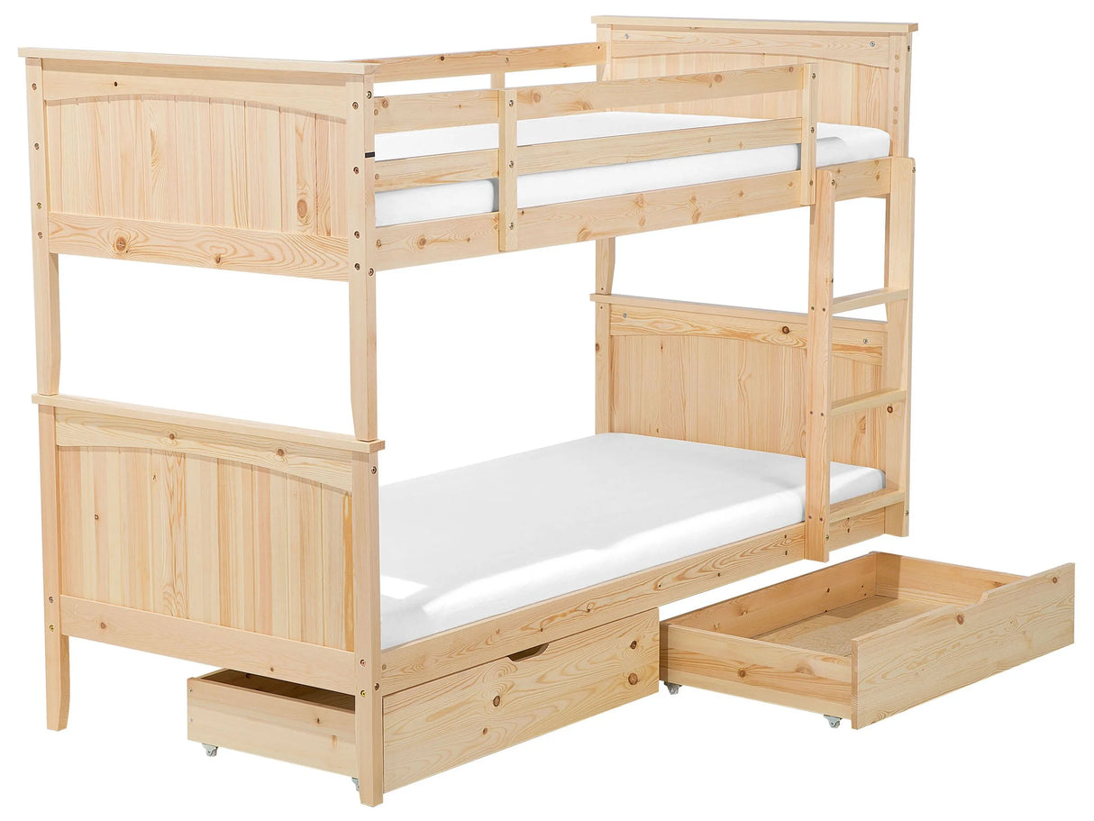 Double Bank Bed with Storage Drawers  Light Wood Pine Wood EU Single Size 3ft High Sleeper Children Kids Bedroom Beliani