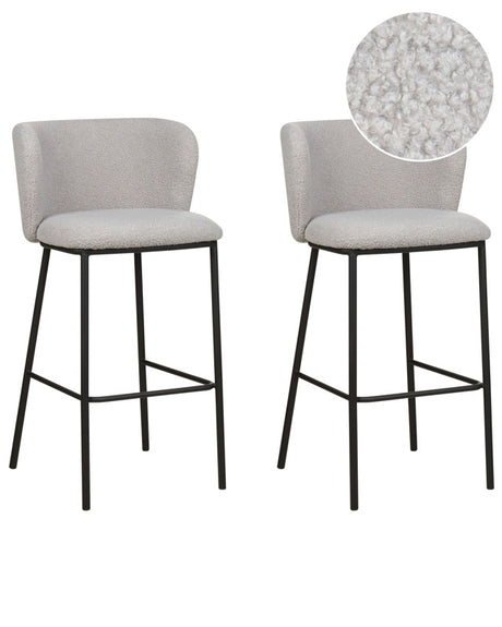 Set of 2 Bar Chairs Grey Boucle Upholstery Black Metal Legs Armless Stools Curved Backrest Modern Dining Room Kitchen Beliani