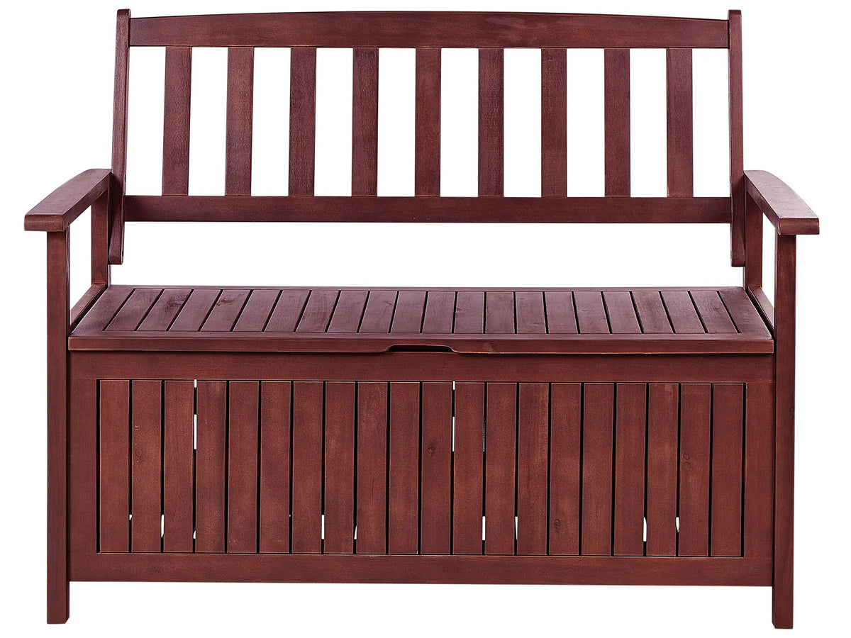 Garden Bench with Storage Mahogany Brown Solid Acacia Wood 120 x 60 cm 2 Seater Outdoor Patio Rustic Traditional Style  Beliani