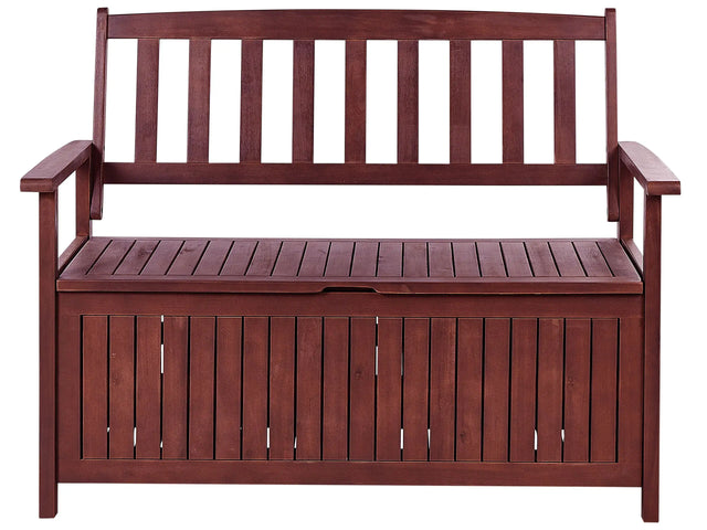 Garden Bench with Storage Mahogany Brown Solid Acacia Wood 120 x 60 cm 2 Seater Outdoor Patio Rustic Traditional Style  Beliani