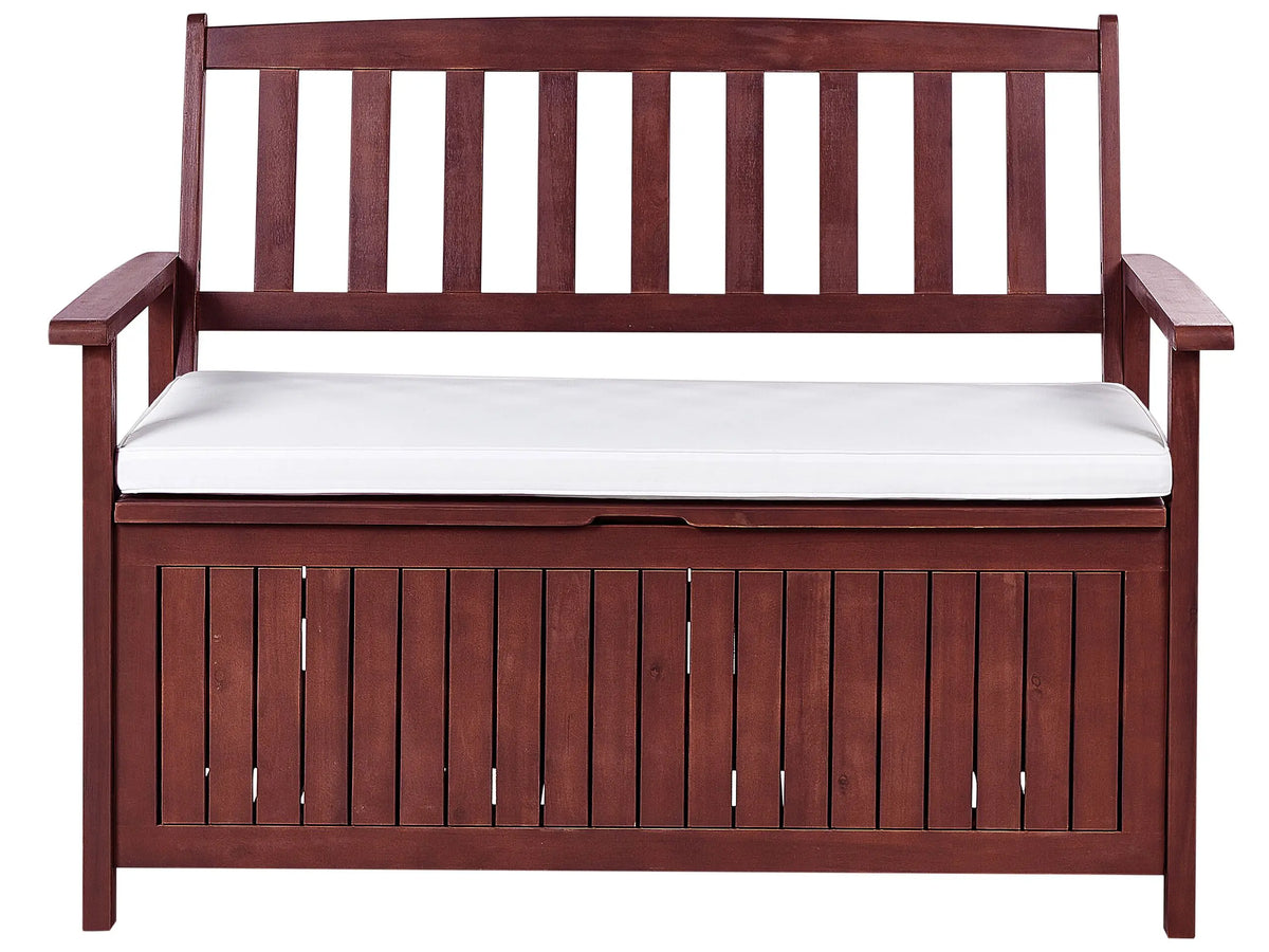 Garden Bench with Storage Mahogany Brown Solid Acacia Wood White Cushion 120 x 60 cm 2 Seater Outdoor Patio Rustic Traditional Style  Beliani