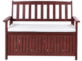 Garden Bench with Storage Mahogany Brown Solid Acacia Wood White Cushion 120 x 60 cm 2 Seater Outdoor Patio Rustic Traditional Style  Beliani
