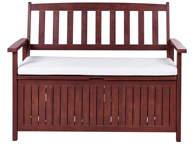 Garden Bench with Storage Mahogany Brown Solid Acacia Wood White Cushion 120 x 60 cm 2 Seater Outdoor Patio Rustic Traditional Style  Beliani