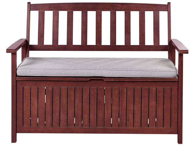 Garden Bench with Storage Mahogany Grey Solid Acacia Wood White Cushion 120 x 60 cm 2 Seater Outdoor Patio Rustic Traditional Style  Beliani