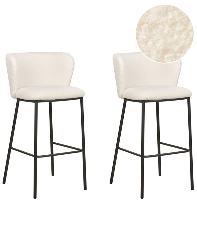 Set of 2 Bar Chairs White Boucle Upholstery Black Metal Legs Armless Stools Curved Backrest Modern Dining Room Kitchen Beliani