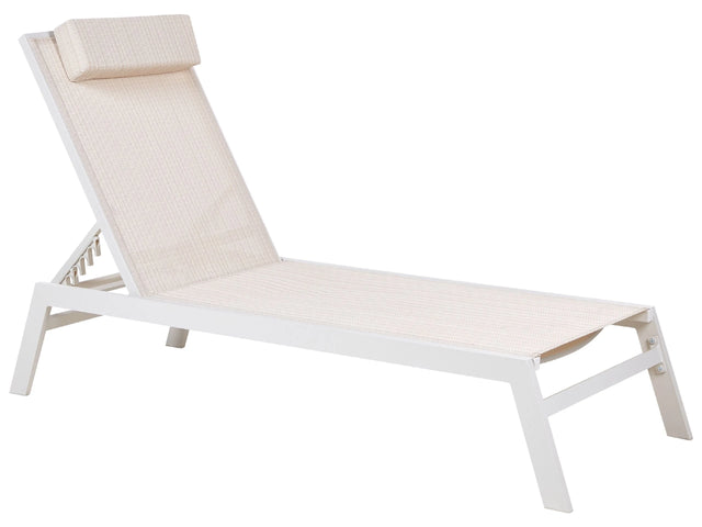 Sun Lounger Beige Sling Headrest Cushion White Powder Coated Aluminium Frame Reclining Garden Outdoor Beliani