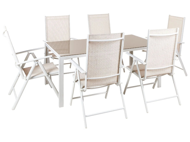 7 Piece Garden Dining Set Beige Powder Coated Frame Aluminium and Textilene Dining Table with 6 Foldable Chairs Modern Design Beliani