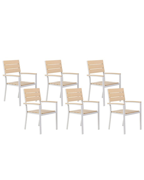 Set of 6 Garden Chairs Beige Wood and White Plastic Wood Aluminium Rust Resistant Modern Design Beliani