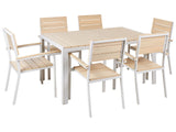 7 Piece Garden Dining Set Beige Plastic Wood and White Aluminium 6 Chairs Rust UV Resistant Beliani