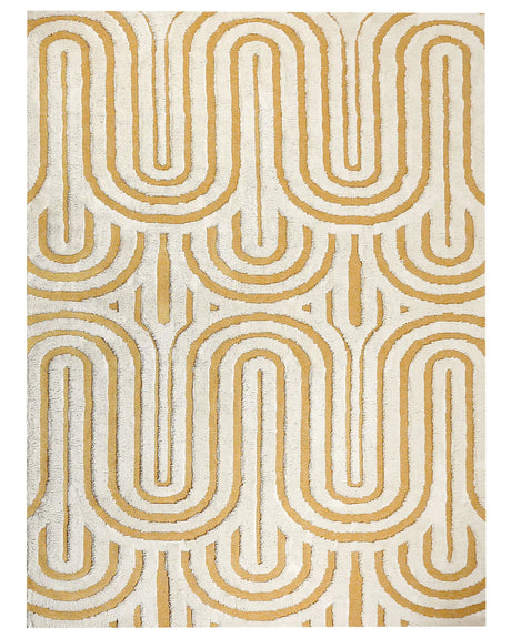 Area Rug Off-White and Yellow Cotton 300 x 400 cm Abstract Pattern Motif Living Room Bedroom Modern Design Beliani