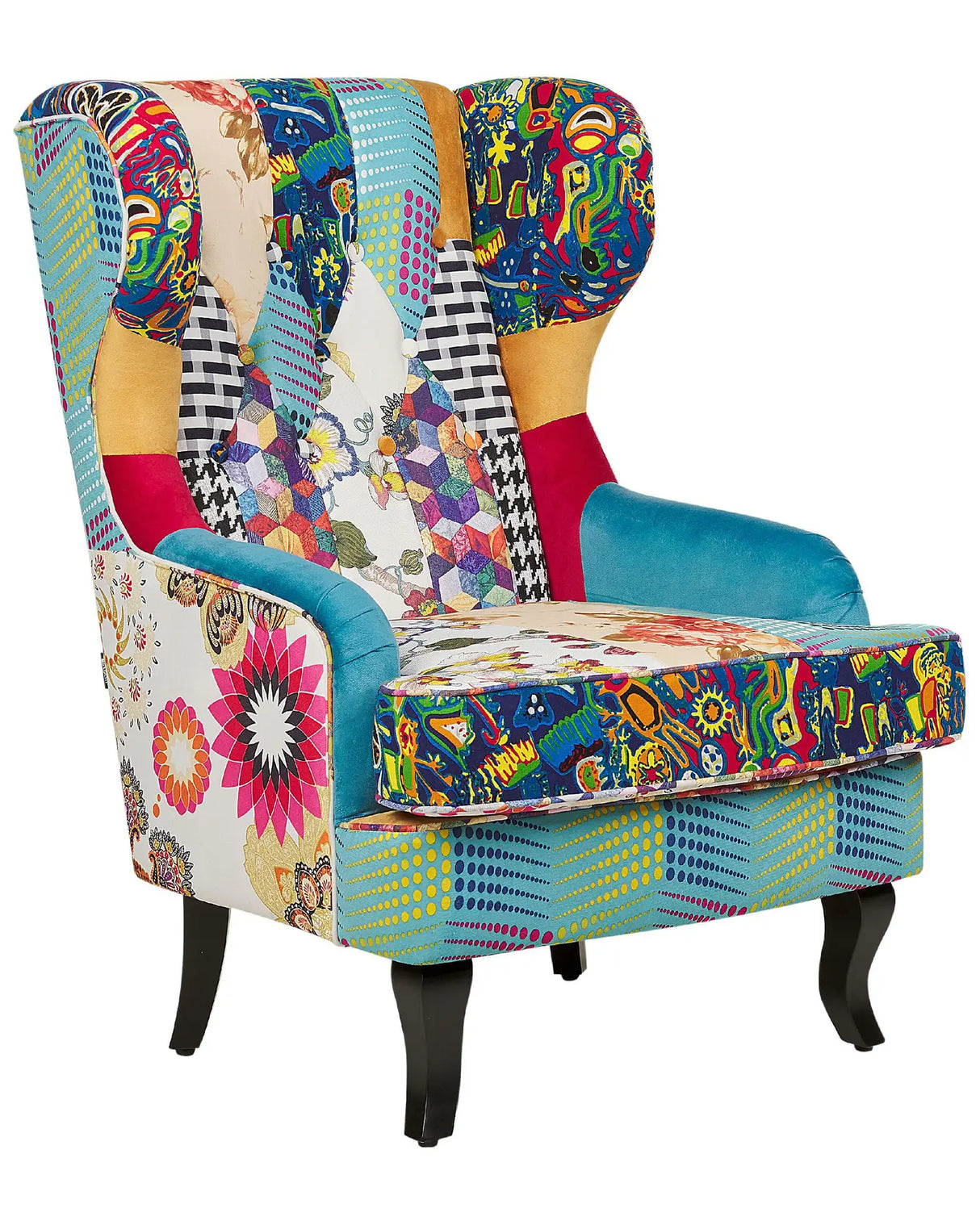 Armchair Multicolour Blue Fabric Patchwork Wingback Chair Button Tufted Wooden Legs Retro Design Beliani
