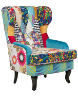 Armchair Multicolour Blue Fabric Patchwork Wingback Chair Button Tufted Wooden Legs Retro Design Beliani