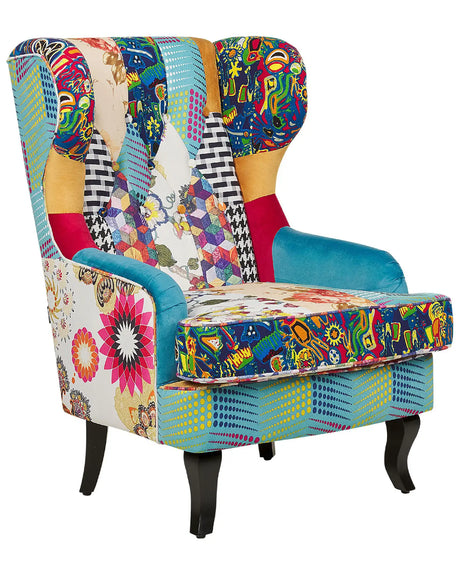 Armchair Multicolour Blue Fabric Patchwork Wingback Chair Button Tufted Wooden Legs Retro Design Beliani