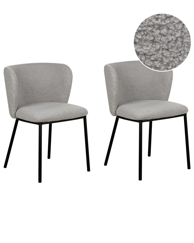 Set of 2 Dining Chairs Grey Boucle Upholstery Black Metal Legs Armless Curved Backrest Modern Contemporary Design Beliani