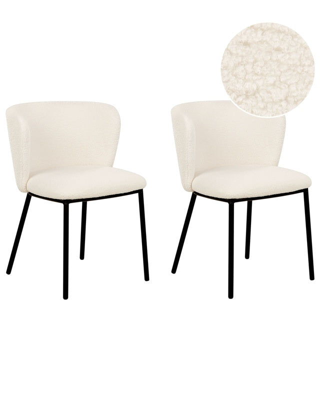 Set of 2 Dining Chairs Off-White Boucle Upholstery Black Metal Legs Armless Curved Backrest Modern Contemporary Design Beliani