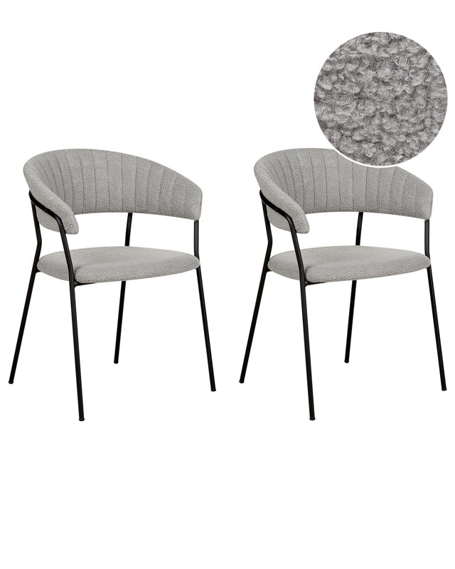 Set of 2 Dining Chairs Grey Boucle Fabric Upholstery Black Metal Legs with Armrests Curved Backrest Modern Contemporary Design Beliani