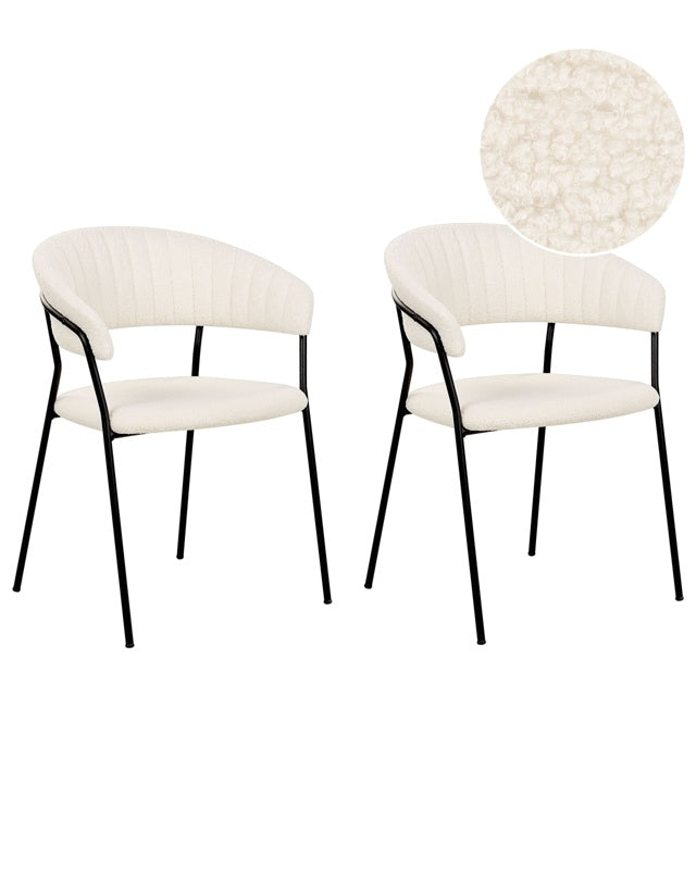 Set of 2 Dining Chairs Off-White Boucle Fabric Upholstery Black Metal Legs with Armrests Curved Backrest Modern Contemporary Design Beliani