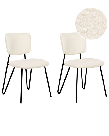 Set of 2 Dining Chairs Off-White Boucle Upholstery Black Metal Legs Armless Curved Backrest Modern Contemporary Design Beliani