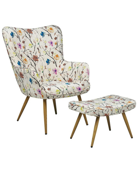 Wingback Chair with Ottoman Cream Fabric Buttoned Floral Pattern Retro Style Beliani