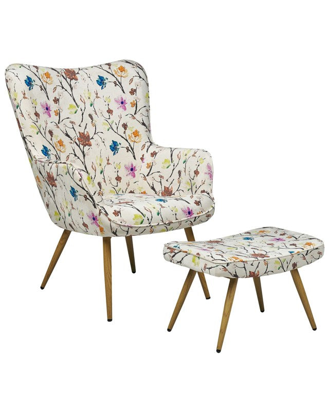 Wingback Chair with Ottoman Cream Fabric Buttoned Floral Pattern Retro Style Beliani