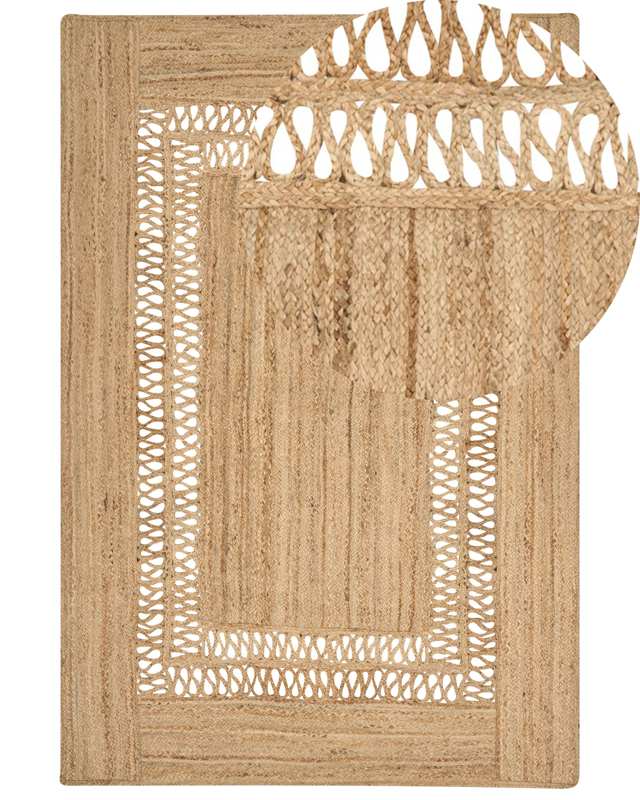 Area Rug Beige Jute 200 x 300 cm Braided Handmade Cut-Out Pattern Natural Boho Style Textile Beliani