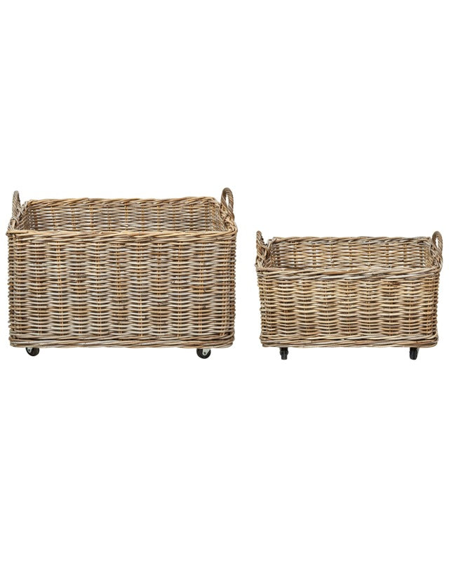 Set of 2 Baskets Natural Rattan with Plastic Rubber Wheels Handles Handmade Wooden Frame Boho Style Living Room Bedroom Beliani