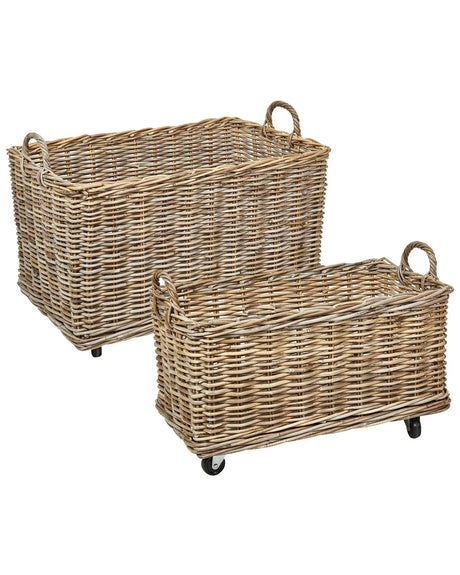 Set of 2 Baskets Natural Rattan with Plastic Rubber Wheels Handles Handmade Wooden Frame Boho Style Living Room Bedroom Beliani