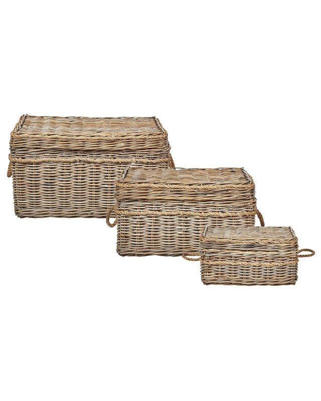 Set of 3 Baskets Natural Rattan with Rope Handles and Lids Handmade Wooden Frame Boho Style Living Room Bedroom Beliani