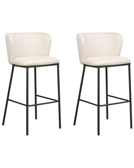 Set of 2 Bar Chairs Off-White Polyester Upholstery Black Metal Legs Armless Stools Curved Backrest Modern Dining Room Kitchen Beliani