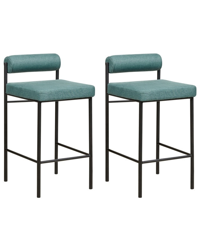 Set of 2 Bar Chairs Teal Polyester Upholstery Black Metal Legs Armless Stools Roll Backrest Modern Dining Room Kitchen Beliani