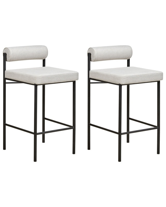 Set of 2 Bar Chairs Light Grey Polyester Upholstery Black Metal Legs Armless Stools Roll Backrest Modern Dining Room Kitchen Beliani