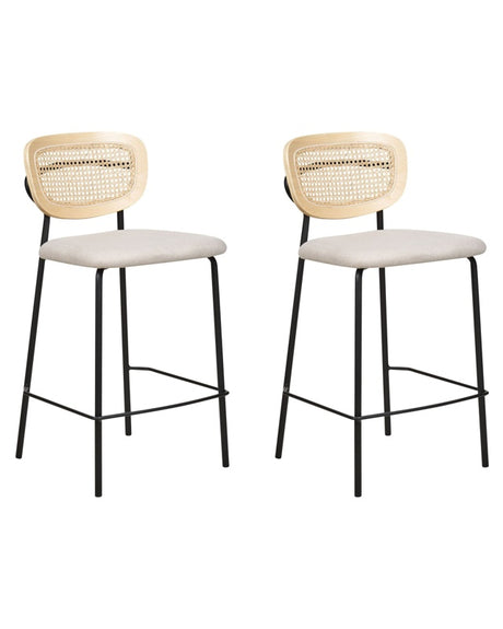 Set of 2 Bar Chairs Light Beige Polyester Upholstery Natural Rattan Viennese Braid Backrest Black Metal Legs Armless Stools Beliani