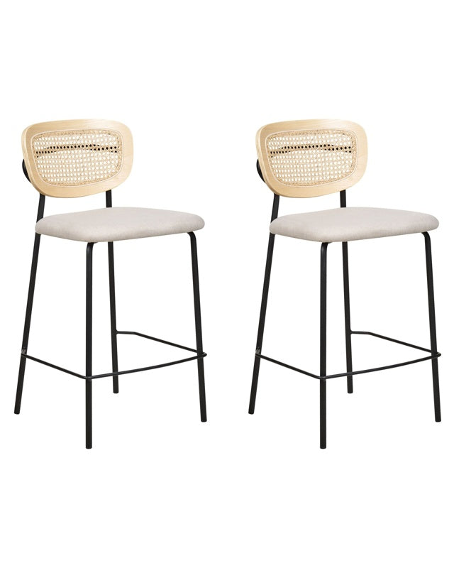 Set of 2 Bar Chairs Light Beige Polyester Upholstery Natural Rattan Viennese Braid Backrest Black Metal Legs Armless Stools Beliani