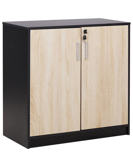 Storage Cabinet Light Wood Black Particle Board Locker with 2 Shelves 2 Door Home Office Modern Beliani