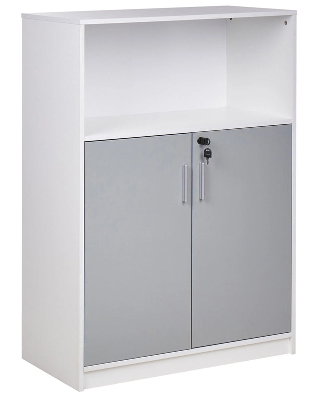 Storage Cabinet Light Grey White Particle Board Locker with Open Shelf 2 Door Home Office Modern Beliani