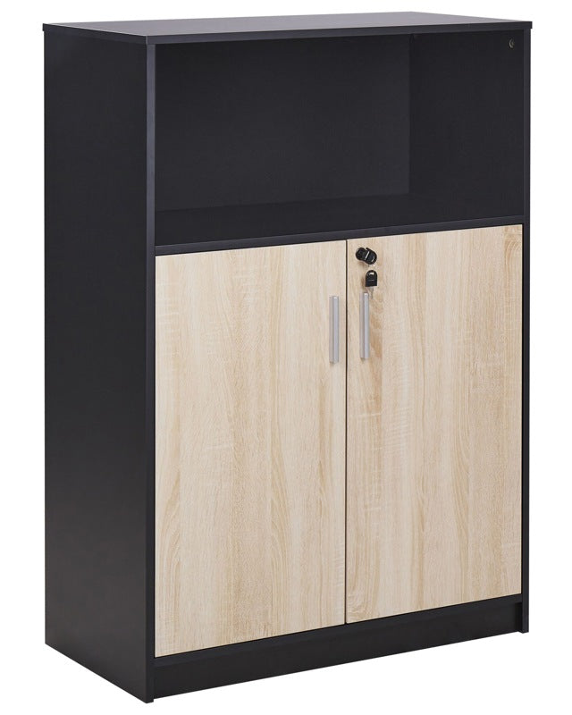 Storage Cabinet Light Wood with Black Particle Board Locker with Open Shelf 2 Door Home Office Modern Beliani