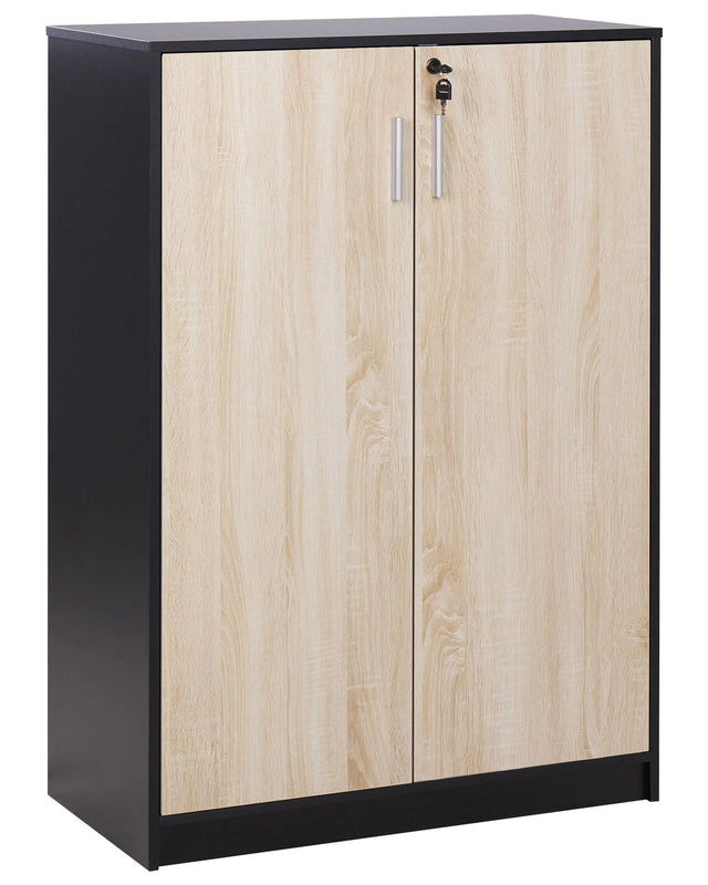 Storage Cabinet Light Wood with Black Particle Board Locker with 3 Shelves 2 Door Home Office Modern Beliani