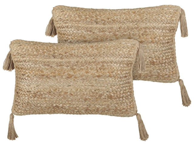Set of 2 Decorative Cushions Beige Jute 30 x 50 cm Woven Removable with Zipper Tassels Rectangular Boho Decor Accessories Beliani