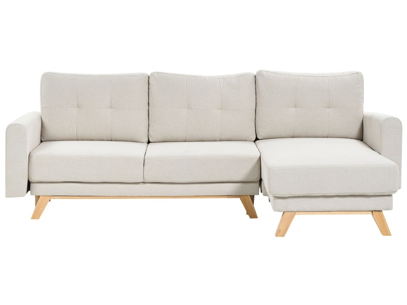 Left Corner Sofa Beige Fabric Upholstered with Sleeper Function Pull Out Cushioned Back Wooden Legs Beliani