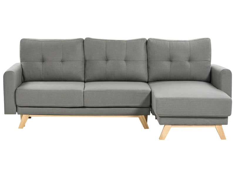 Left Corner Sofa Grey Fabric Upholstered with Sleeper Function Pull Out Cushioned Back Wooden Legs Beliani