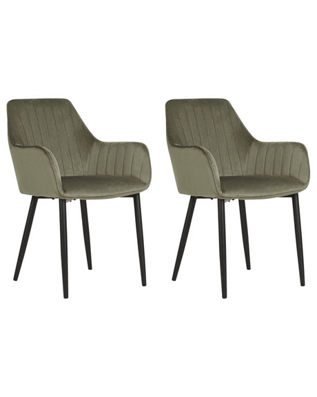 Set of 2 Dining Chairs Olive Green Velvet Armrests Black Metal Legs Retro Glam Beliani