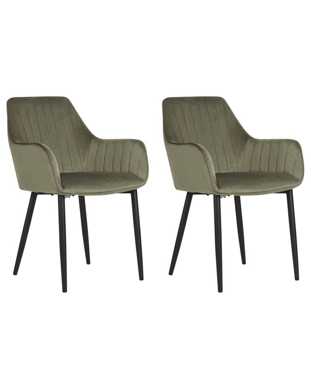 Set of 2 Dining Chairs Olive Green Velvet Armrests Black Metal Legs Retro Glam Beliani