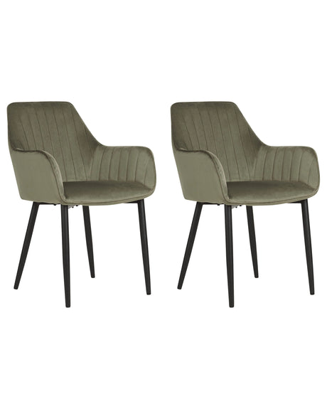 Set of 2 Dining Chairs Olive Green Velvet Armrests Black Metal Legs Retro Glam Beliani