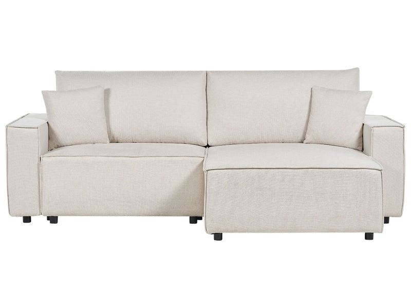 Left Hand Corner Sofa Bed Beige Fabric Polyester Upholstered 3 Seater L-Shaped Bed with Cushions Sleeping Function Modern Style Living Room Beliani