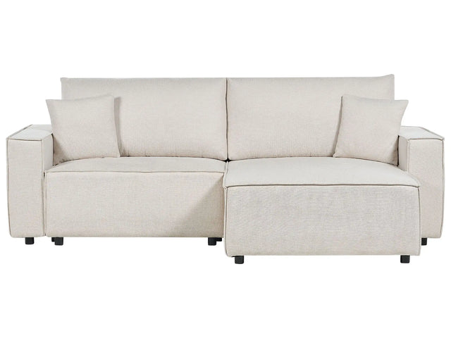 Left Hand Corner Sofa Bed Beige Fabric Polyester Upholstered 3 Seater L-Shaped Bed with Cushions Sleeping Function Modern Style Living Room Beliani