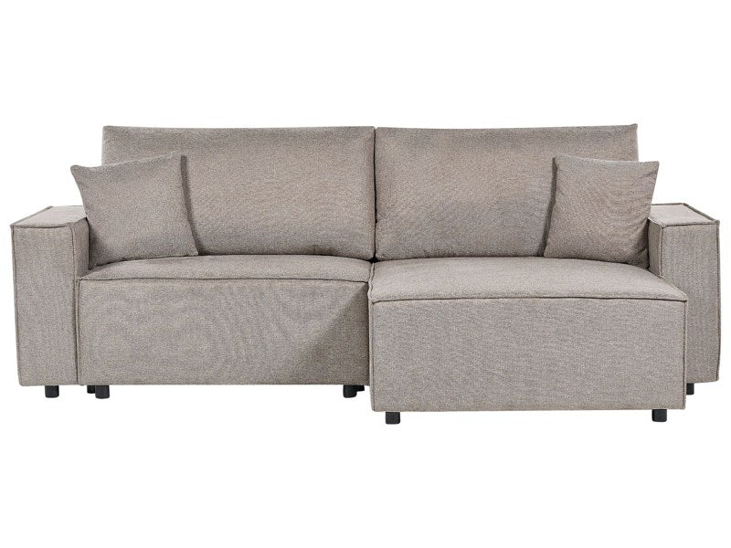 Left Hand Corner Sofa Bed Taupe Fabric Polyester Upholstered 3 Seater L-Shaped Bed with Cushions Sleeping Function Modern Style Living Room Beliani