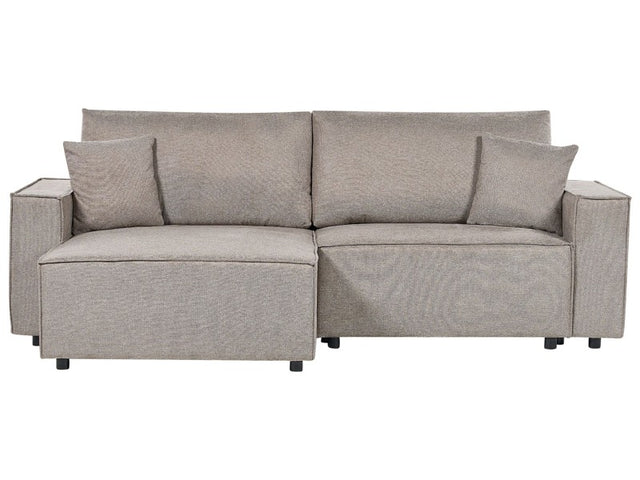 Right Hand Corner Sofa Bed Taupe Fabric Polyester Upholstered 3 Seater L-Shaped Bed with Cushions Sleeping Function Modern Style Living Room Beliani