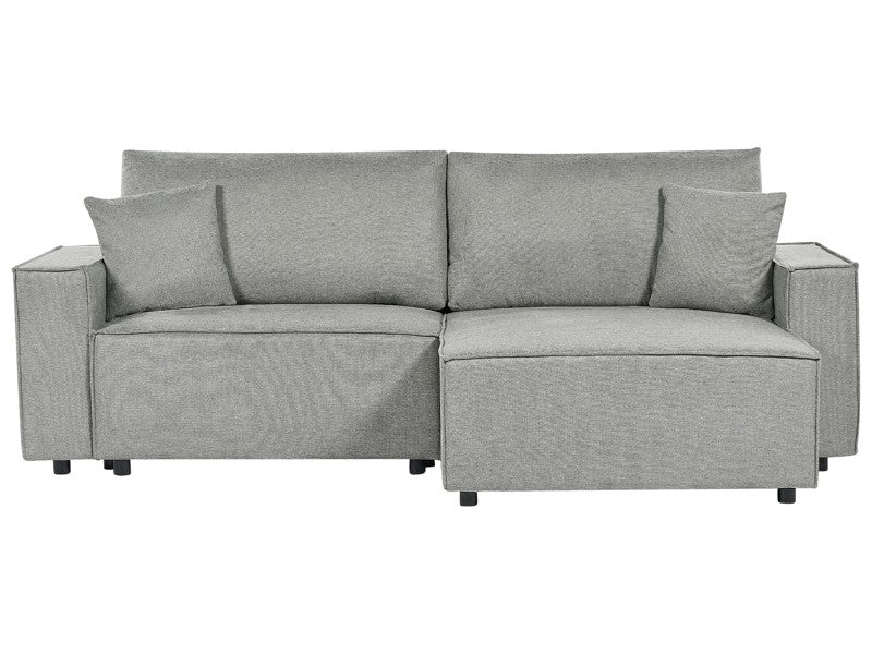 Left Hand Corner Sofa Bed Grey Fabric Polyester Upholstered 3 Seater L-Shaped Bed with Cushions Sleeping Function Modern Style Living Room Beliani